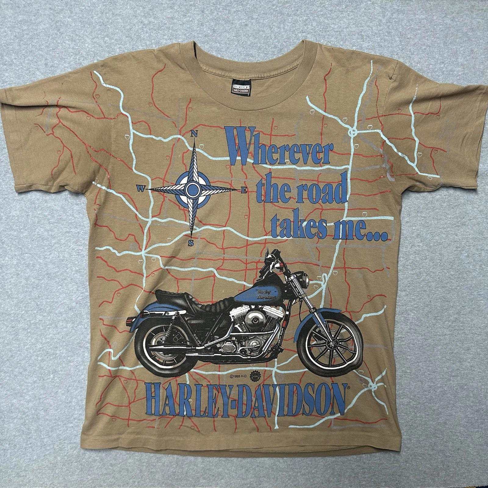 Vintage Men’s Large 1995 Harley Davidson Aop Shirt Map Brown Single Stitch